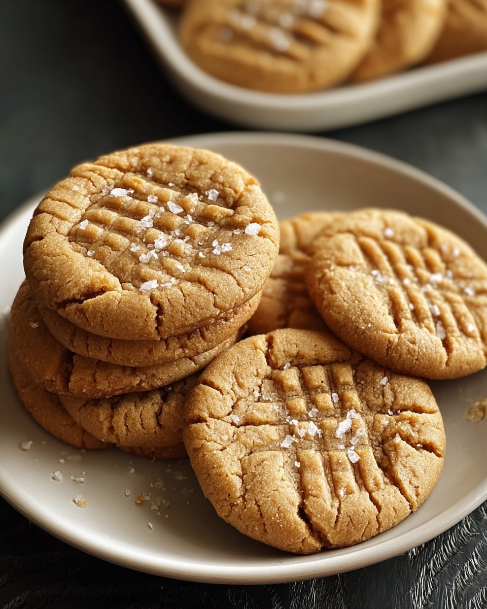A white plate holds six round peanut butter cookies stacked slightly unevenly, showing their light brown, crackled surface with clear fork-pressed lines on top of each cookie. Some cookies have a few coarse salt crystals scattered on them, adding texture and a slight shine. The plate sits on a dark textured surface, with more cookies visible in a white rectangular dish in the blurred background. The overall look is warm and inviting with a focus on the cookies' soft texture and earthy color. photo taken with an iphone --ar 4:5 --v 7