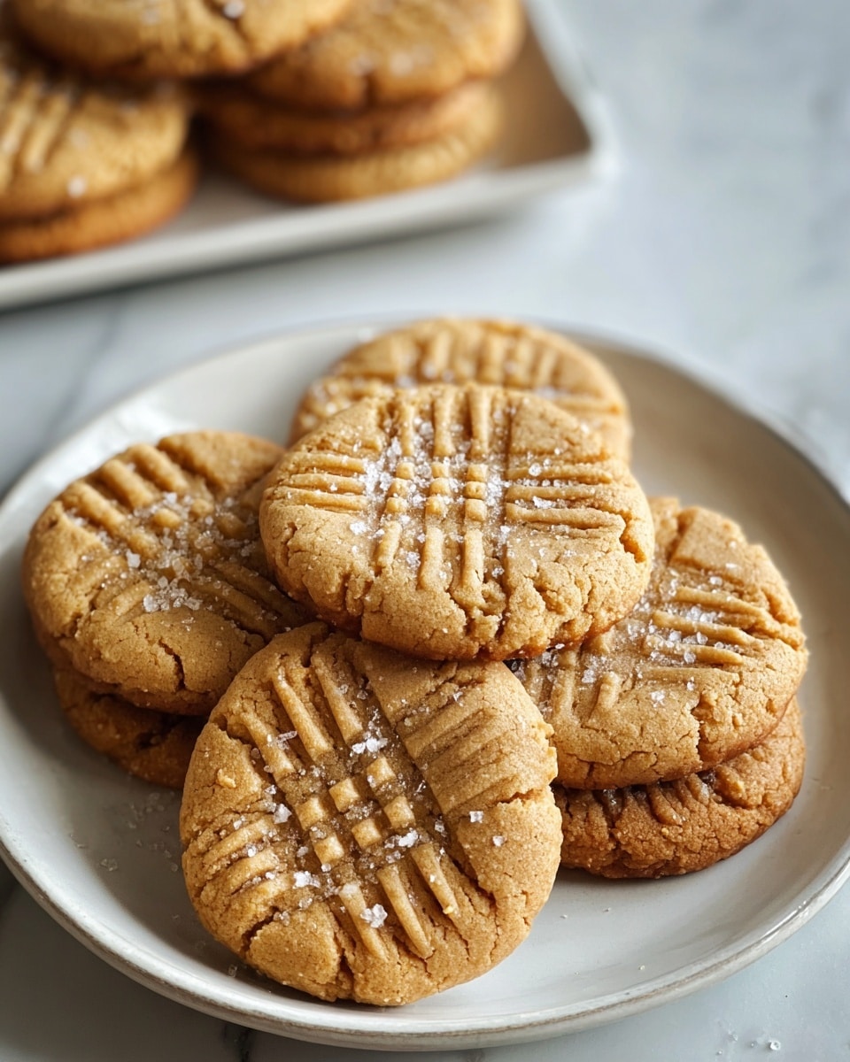 A white plate holds six peanut butter cookies stacked and slightly overlapping, each cookie showing a light golden-brown color with clear fork mark lines pressed into the top, creating a simple grid pattern, sprinkled with coarse salt crystals that glisten softly. The cookies have a slightly cracked texture on the surface, giving them a homemade look. In the blurred background, there is a white rectangular plate with more cookies, all resting on a white marbled texture surface. photo taken with an iphone --ar 4:5 --v 7