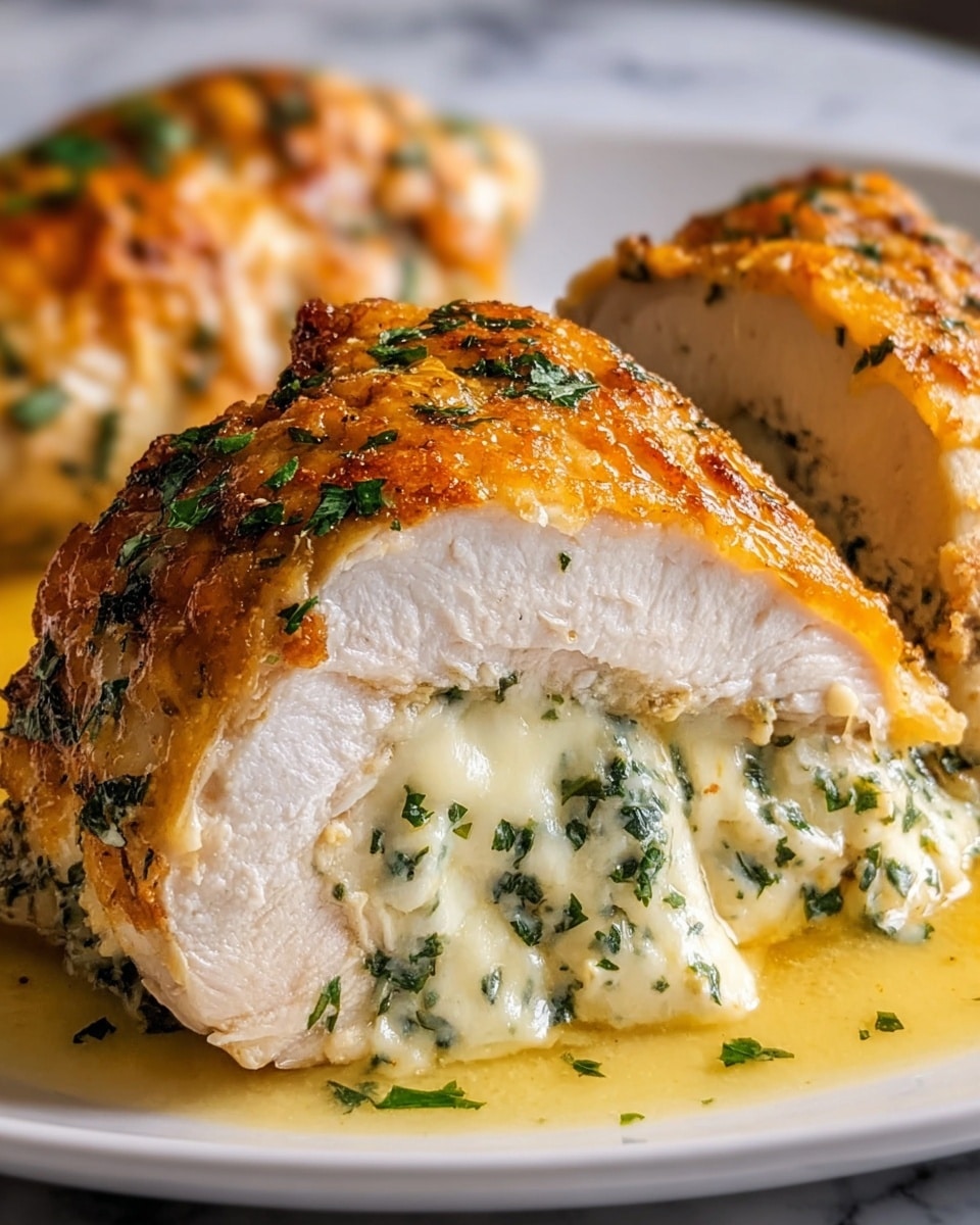 The image shows a close-up of two stuffed chicken breasts on a white plate, placed on a white marbled surface. Each chicken breast has three main layers: the top layer is golden brown and crispy with a hint of melted cheese and small green parsley bits scattered over it; the middle layer is thick, white, and moist cooked chicken meat; the bottom layer, inside the chicken, is creamy, melted cheese mixed with herbs, mostly green parsley, giving it a soft and gooey texture. The chicken sits in a light yellowish sauce, also sprinkled with bits of parsley. Photo taken with an iphone --ar 4:5 --v 7