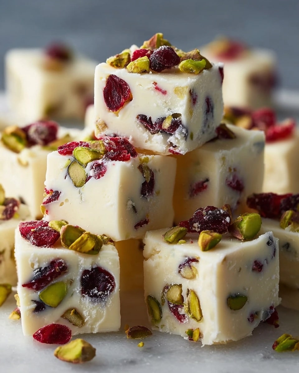 A close-up view of square white fudge pieces stacked in a small pile on a white marbled surface. Each piece has a creamy white base with rough textures showing bits of red dried cranberries and green pistachio nuts mixed inside. On top of each fudge square, small pieces of pistachio and dried cranberry are scattered, adding red and green colors to the smooth white surface. The background is softly blurred, keeping the focus on the bright, textured fudge cubes. Photo taken with an iphone --ar 4:5 --v 7