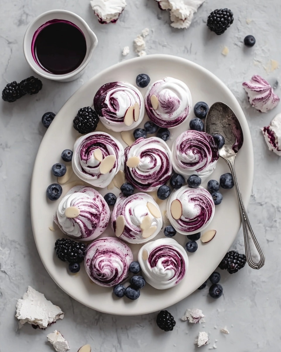 A white plate filled with multiple small meringue swirls that have a smooth texture, each with white and deep purple colors mixed in a spiral pattern on top, some decorated with thin almond slices. Scattered around the plate are fresh blackberries and blueberries, adding dark blue and black tones. A silver spoon rests on the plate, reflecting some of the colors, and a small white bowl with dark purple sauce sits near the top left corner. The scene is set on a white marbled textured surface with a few broken meringue pieces and scattered berries around the plate. photo taken with an iphone --ar 4:5 --v 7