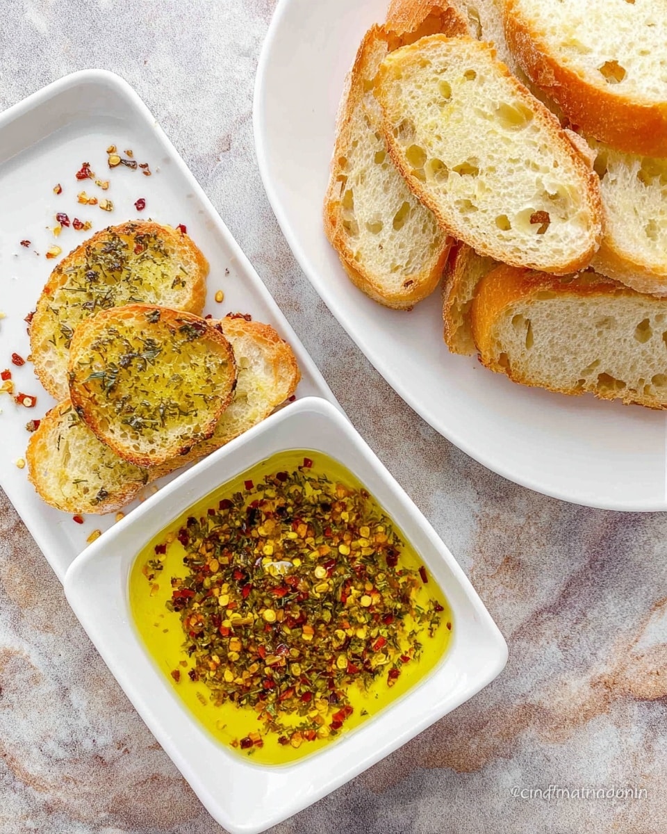 The image shows a white round plate with three toasted slices of bread on the left side, each slice golden brown with visible small air holes and olive oil glistening on top, sprinkled with dried herbs and chili flakes scattered underneath on the plate. To the right of the plate, several plain slices of fresh white bread are stacked loosely on a white marbled surface. Below the plate, there is a white square dish filled with a mix of yellow olive oil, finely chopped garlic, red chili flakes, and mixed herbs creating a textured, colorful, and inviting dipping sauce. Photo taken with an iphone --ar 4:5 --v 7