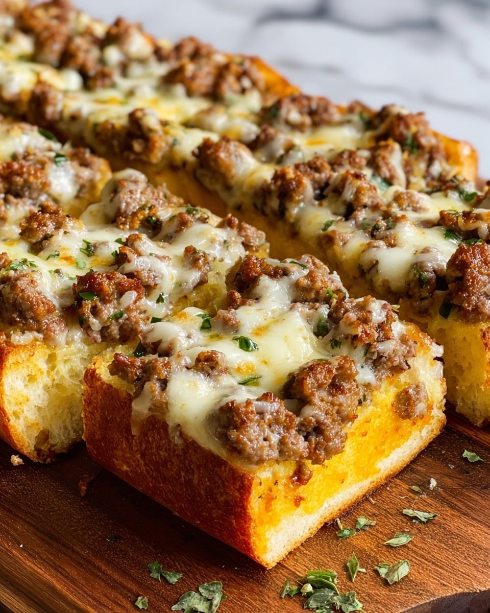The image shows a close-up of several slices of thick, soft bread with a golden-brown crust as the base layer. On top of the bread is a thick layer of cooked ground sausage, browned and crumbly, covering the surface unevenly. The top layer is a mix of melted white and yellow cheese, gooey and slightly browned in spots, stretching between some pieces. Small green herb pieces are scattered on the cheese, adding a touch of color. The slices are arranged closely together on a wooden board with a few green herb bits scattered around. The background is a white marbled texture. Photo taken with an iphone --ar 4:5 --v 7