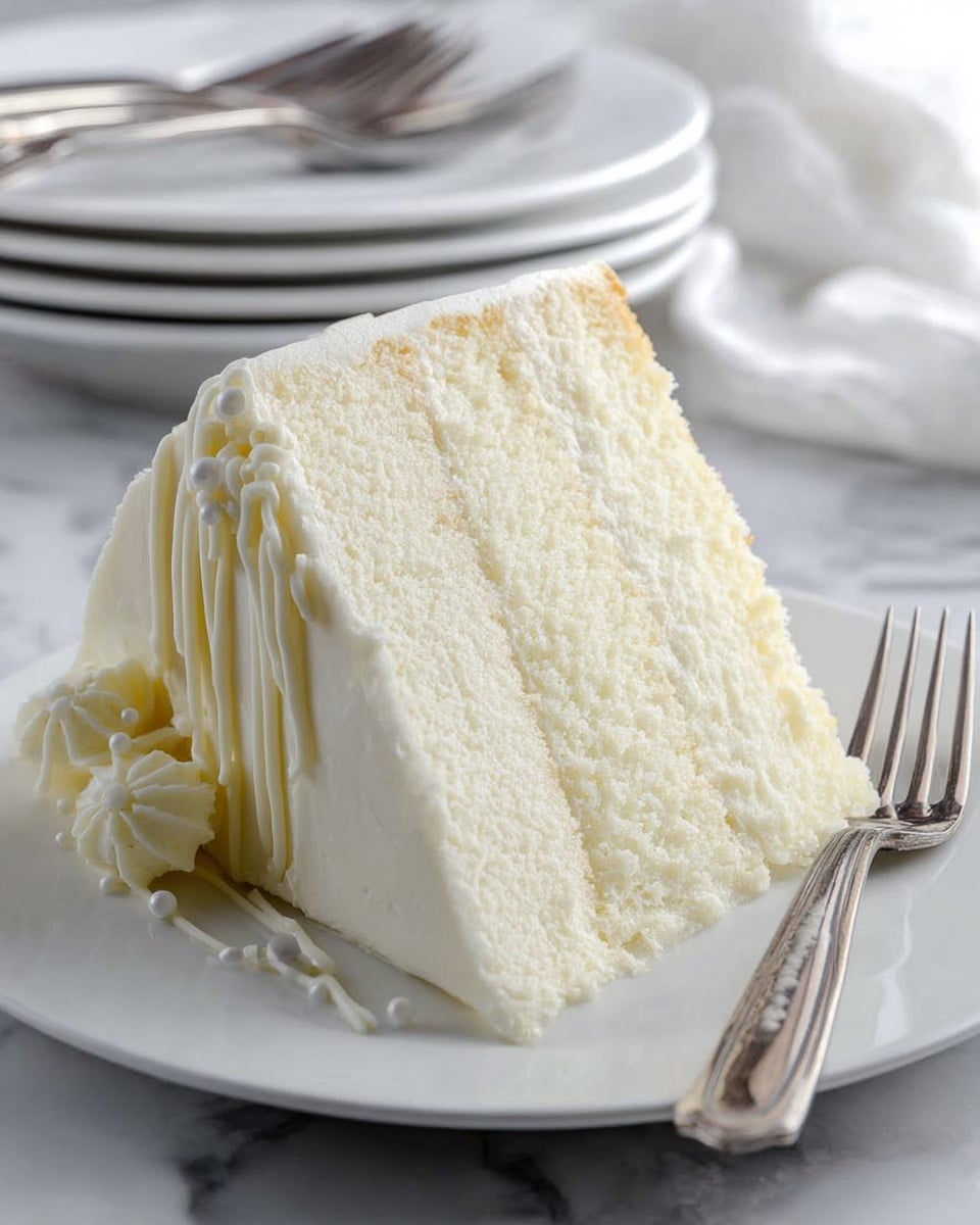 The image shows a slice of white cake with three thick layers, each soft and spongy with a creamy white frosting between them. The cake slice is covered in smooth white frosting on all sides, and on one side near the base, there is a decoration of white chocolate drizzled in strands with small white sugar pearls. The cake slice sits on a white plate placed on a white marbled surface. A silver fork rests on the plate next to the cake. In the background, there is a stack of white plates with two shiny silver forks on top, all softly blurred. Photo taken with an iphone --ar 4:5 --v 7