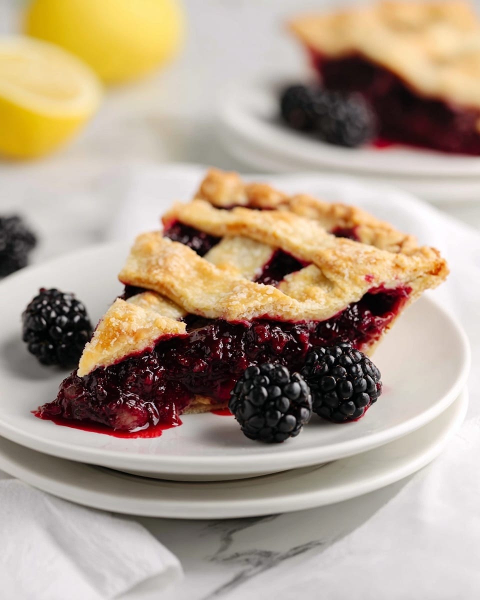 A slice of blackberry pie sits on a stack of two white plates, placed on a white marbled surface with a white cloth underneath. The pie has a golden-brown lattice crust on top, showing a thick, glossy dark purple blackberry filling oozing out from the edges. Three whole blackberries are arranged around the slice on the plate. The crust looks flaky and textured, contrasting with the shiny, juicy filling beneath. In the blurred background, another slice of the same pie is visible on a white plate and a half lemon adds a soft yellow touch. Photo taken with an iphone --ar 4:5 --v 7