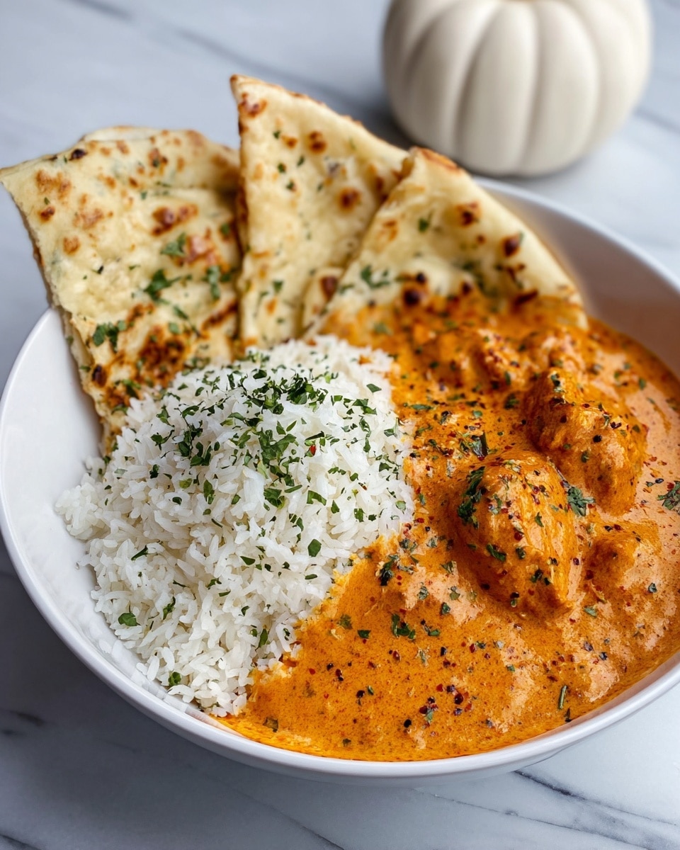 A white bowl holds three main layers: on the right side, there is a pile of orange curry with a creamy texture, dotted with small green herb bits and black pepper flakes; in the middle, a mound of fluffy white rice sprinkled lightly with chopped green herbs; on the left, folded pieces of soft, light golden brown flatbread rest against the rice, showing some darker brown spots from cooking. The bowl sits on a white marbled surface, with a smooth white pumpkin-shaped decoration blurred in the background. photo taken with an iphone --ar 4:5 --v 7