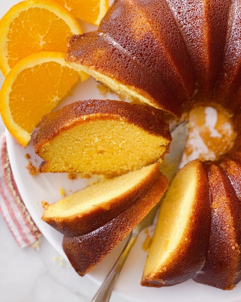 A close-up view of a golden brown bundt cake with a moist texture, sliced into several thick pieces arranged in a circular pattern on a white plate. The cake has a rich, shiny crust with a slightly darker edge and a soft, bright yellow inside. There are two fresh orange slices placed near the top left of the cake, adding a pop of bright orange color to the scene. A silver serving spatula rests partially under one slice, and the whole scene is set against a white marbled surface. photo taken with an iphone --ar 4:5 --v 7