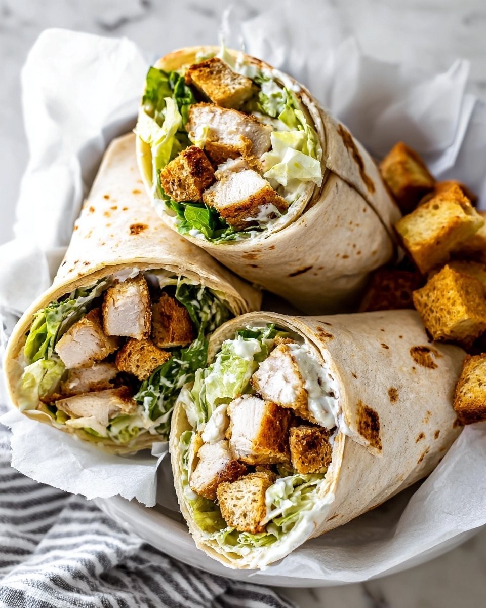 The image shows three wraps on white crumpled paper inside a white bowl, with several golden brown croutons scattered around. Each wrap is folded in a soft, light beige tortilla with dark spots and cut in half to reveal the inside layers: green lettuce leaves, creamy dressing, white grilled chicken pieces, and crunchy brown croutons. The wraps are arranged close together, showing the filling's mixture of textures and colors. The background has a white marbled texture with a striped cloth partially visible under the bowl. photo taken with an iphone --ar 4:5 --v 7