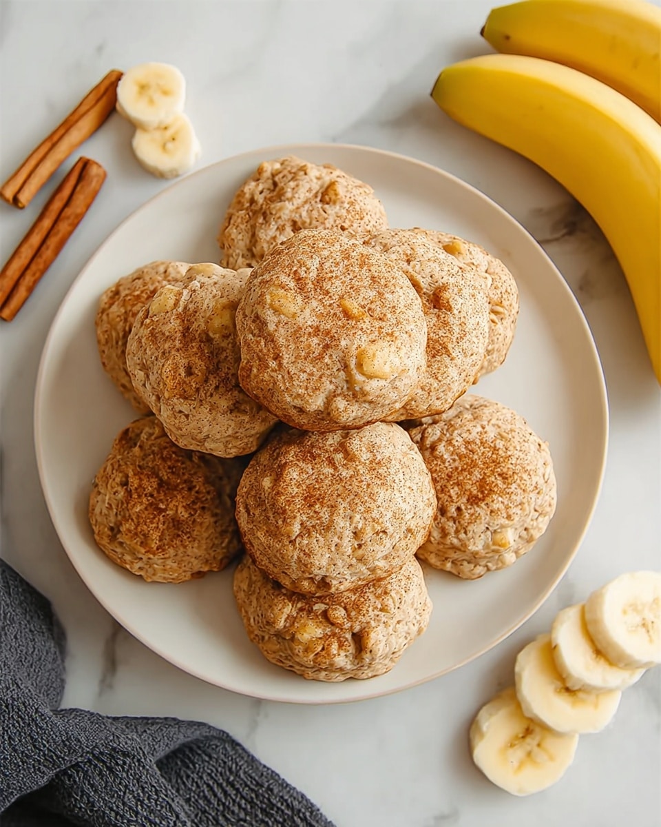 A white plate filled with a stacked pile of eight round, light brown cookies that have a rough, slightly cracked texture with visible oat and banana chunks inside. The cookies are sprinkled with a fine layer of cinnamon powder on top, giving a warm, speckled look. To the top right of the plate, there are two whole yellow bananas on a white marbled surface. On the left side near the plate, three cinnamon sticks rest on the white marbled surface, with two banana slices positioned at the bottom left corner. A dark cloth is partially visible at the bottom right edge of the image. Photo taken with an iphone --ar 4:5 --v 7