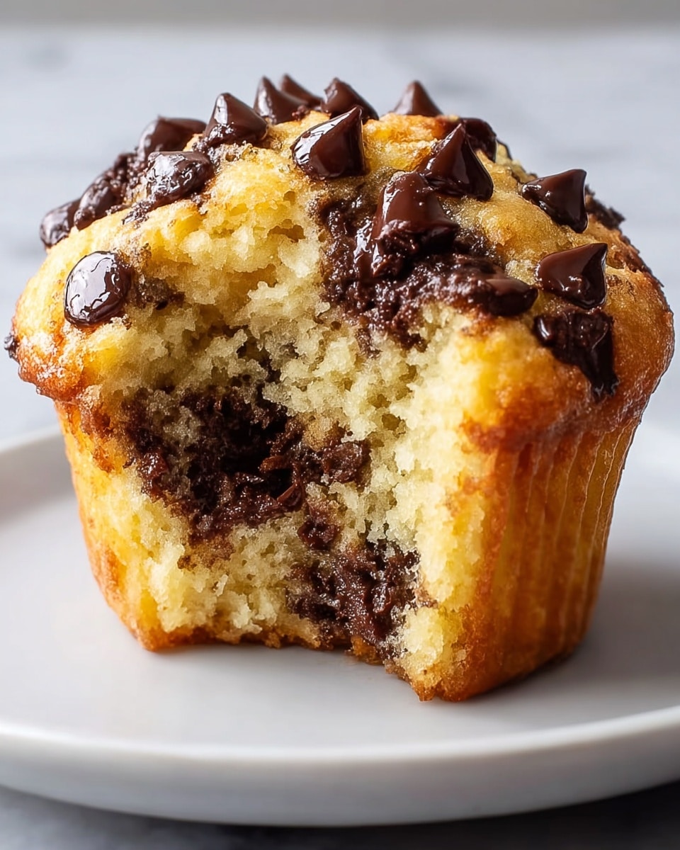 The image shows a close-up of a chocolate chip muffin with a bite taken out, revealing its soft, light yellow inside filled with melted chocolate chunks. The top is golden brown with many dark brown, glossy chocolate chips scattered generously. The muffin sits on a smooth white plate, which is placed on a white marbled surface. The texture of the muffin looks moist and fluffy, contrasting with the rich, shiny chocolate pieces on top and inside. Photo taken with an iphone --ar 4:5 --v 7