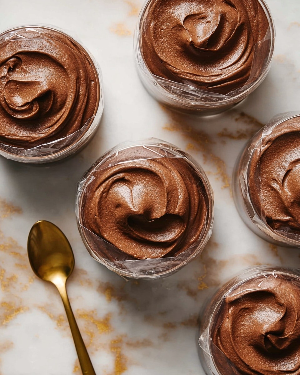 Four clear glass bowls are filled with smooth, thick chocolate mousse that has a shiny, creamy texture and soft swirled patterns on the top layer. Each bowl is covered loosely with transparent plastic wrap around the edges. The bowls sit on a white marbled surface that shows gentle veins of light beige and gold. A golden spoon is placed near the bottom left bowl, adding a touch of elegance to the simple, rich dessert setup. photo taken with an iphone --ar 4:5 --v 7