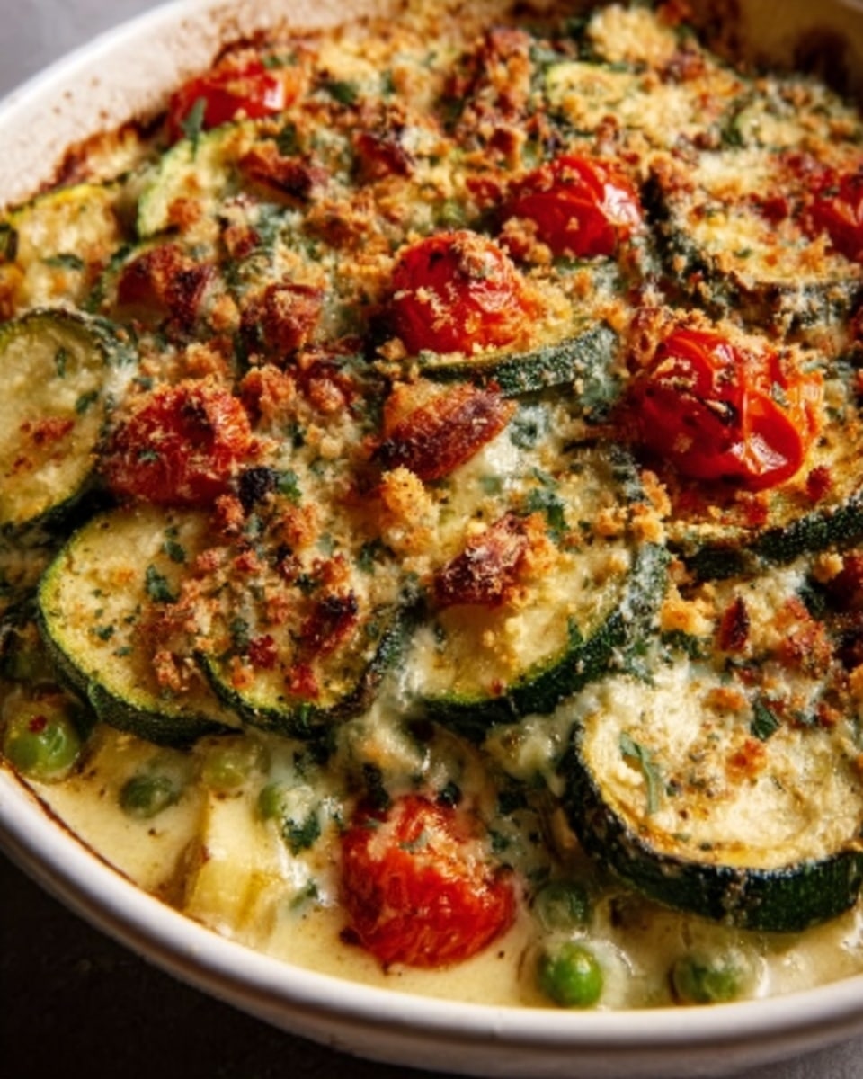 The image shows a baked dish in a white bowl filled with several layers. The bottom layer is a creamy, light beige sauce mixed with small green peas and bits of cheese. Above it are thick slices of zucchini, roasted and green with grill marks, placed evenly around the bowl. On top of the zucchini, there are bright red roasted cherry tomatoes, slightly wrinkled, and scattered golden-brown breadcrumbs mixed with chopped herbs that add texture. The dish looks warm and slightly browned on top, with melted cheese and green herbs sprinkled throughout. photo taken with an iphone --ar 4:5 --v 7