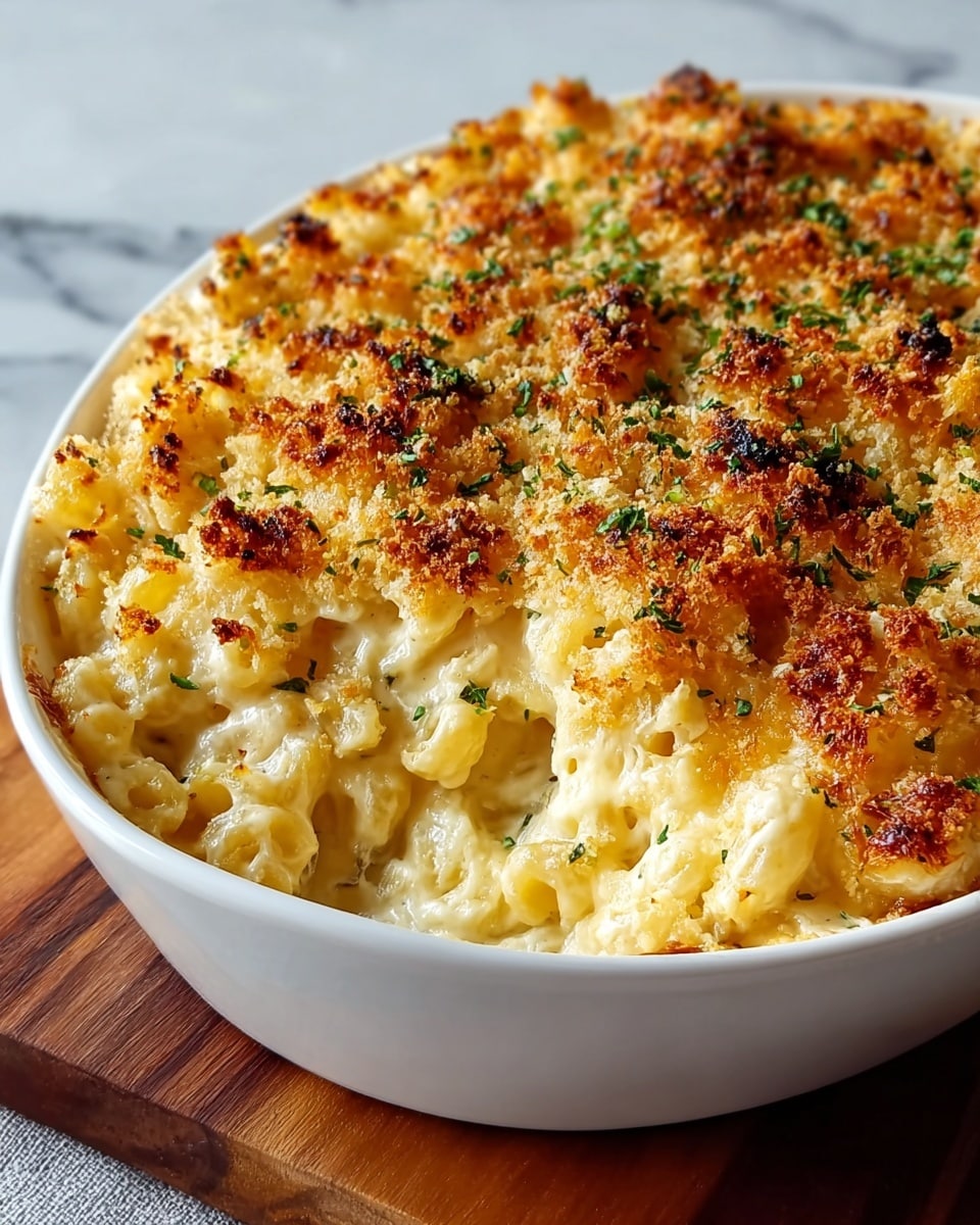 The image shows a close-up of a white oval dish filled with baked macaroni and cheese. The dish has one main layer of creamy pasta covered with a thick layer of golden-brown crispy baked cheese and breadcrumb topping. The top crust is uneven with some darker toasted spots and sprinkled with small green herb bits for garnish. The texture of the pasta underneath looks soft and cheesy. The dish is placed on a wooden board with a white marbled surface in the background. photo taken with an iphone --ar 4:5 --v 7