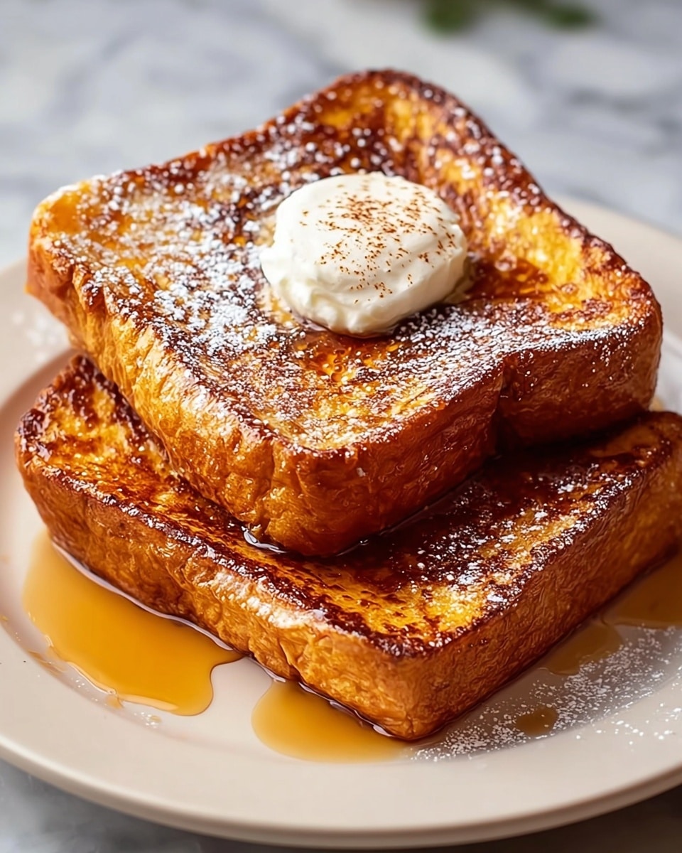 Two thick slices of golden brown French toast are stacked on a plain white plate. The top slice has a dollop of creamy white butter melting slowly, lightly dusted with powdered sugar and a little sprinkle of cinnamon. The toast looks glossy with a shiny layer of syrup draping over both slices and pooling on the plate. The texture of the bread shows a soft inside with a crisp, caramelized crust. The plate sits on a white marbled surface. photo taken with an iphone --ar 4:5 --v 7