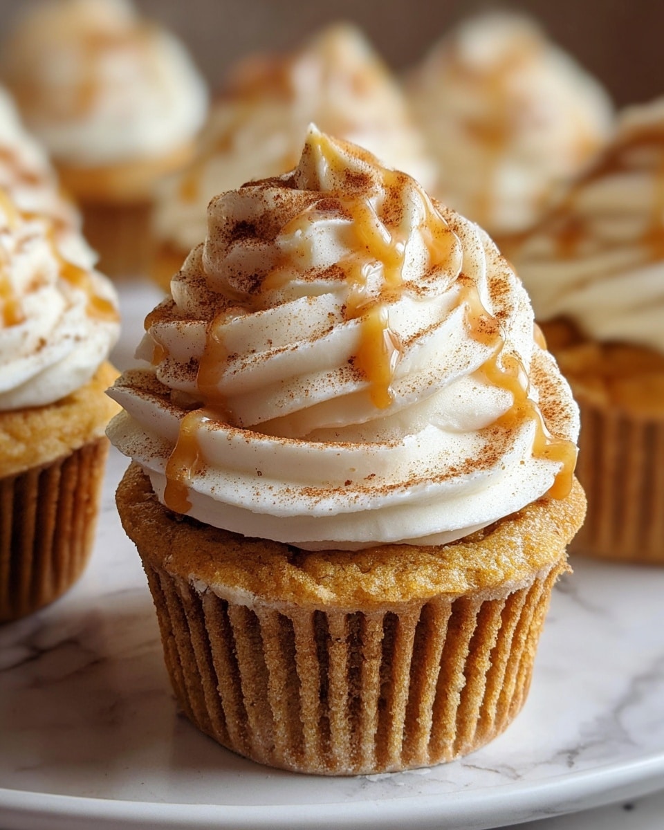 A close-up of a single cupcake with a golden brown base that has a slightly crumbly texture and visible ridges from the liner. On top, there is a tall swirl of creamy white frosting with a smooth and slightly glossy texture, dusted evenly with brown cinnamon powder. Drizzled over the frosting is a light caramel sauce that adds a shiny golden accent, pooling gently in the crevices of the swirled frosting. The cupcake sits on a plain white plate with a white marbled texture in the background, and more similar cupcakes are blurred out in the back. photo taken with an iphone --ar 4:5 --v 7