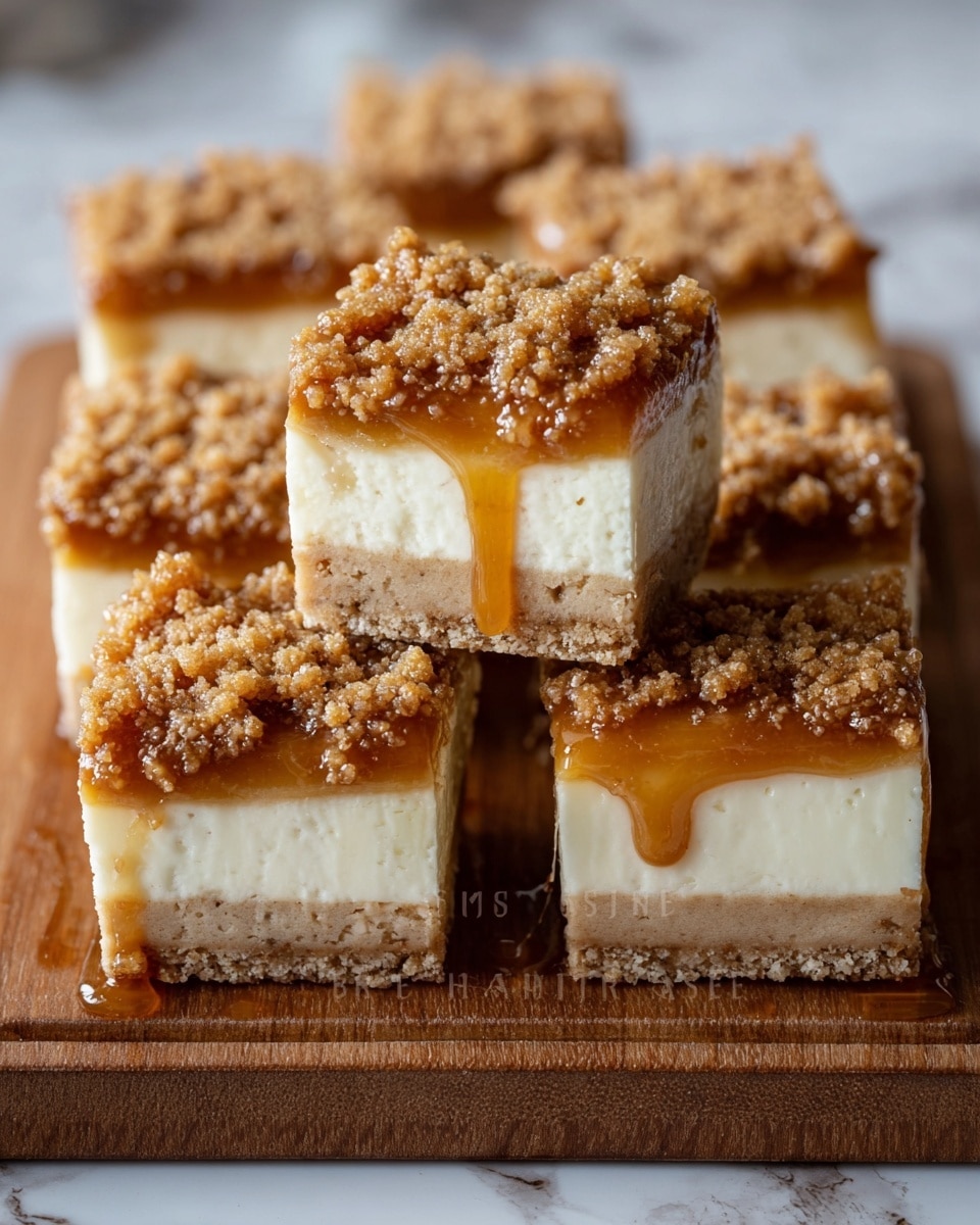 The image shows six square dessert bars arranged in two rows on a wooden board, each bar having three layers: a light beige crumbly base, a thick white creamy middle layer, and a golden caramel layer topped with a rough crumbly brown topping. The caramel layer looks smooth and slightly shiny, dripping down the sides of some bars. The crumbly topping appears dense with small granules, adding texture contrast, and the wooden board is placed on a white marbled surface. photo taken with an iphone --ar 4:5 --v 7
