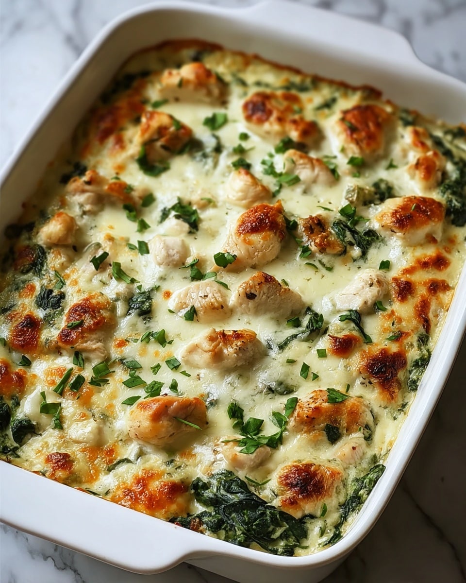 A white baking dish filled with a baked creamy spinach and chicken casserole. The top layer is melted cheese, golden brown in spots, with tender white chicken chunks and wilted dark green spinach leaves mixed throughout. Small green herb bits are sprinkled over the surface, adding freshness. The dish rests on a white marbled surface. photo taken with an iphone --ar 4:5 --v 7