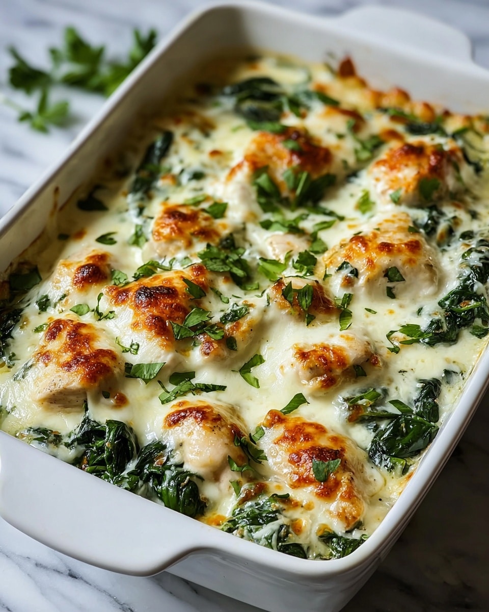 A white rectangular baking dish filled with a creamy, baked dish topped with melted, golden-brown cheese. The dish has several large chunks of white chicken pieces scattered throughout, with wilted deep green spinach leaves mixed in between. The cheese layer is bubbly and slightly browned in spots, giving a rich, textured surface. A few scattered fresh green herbs are sprinkled on top, adding color contrast against the smooth white sauce beneath. The dish sits on a white marbled surface. photo taken with an iphone --ar 4:5 --v 7