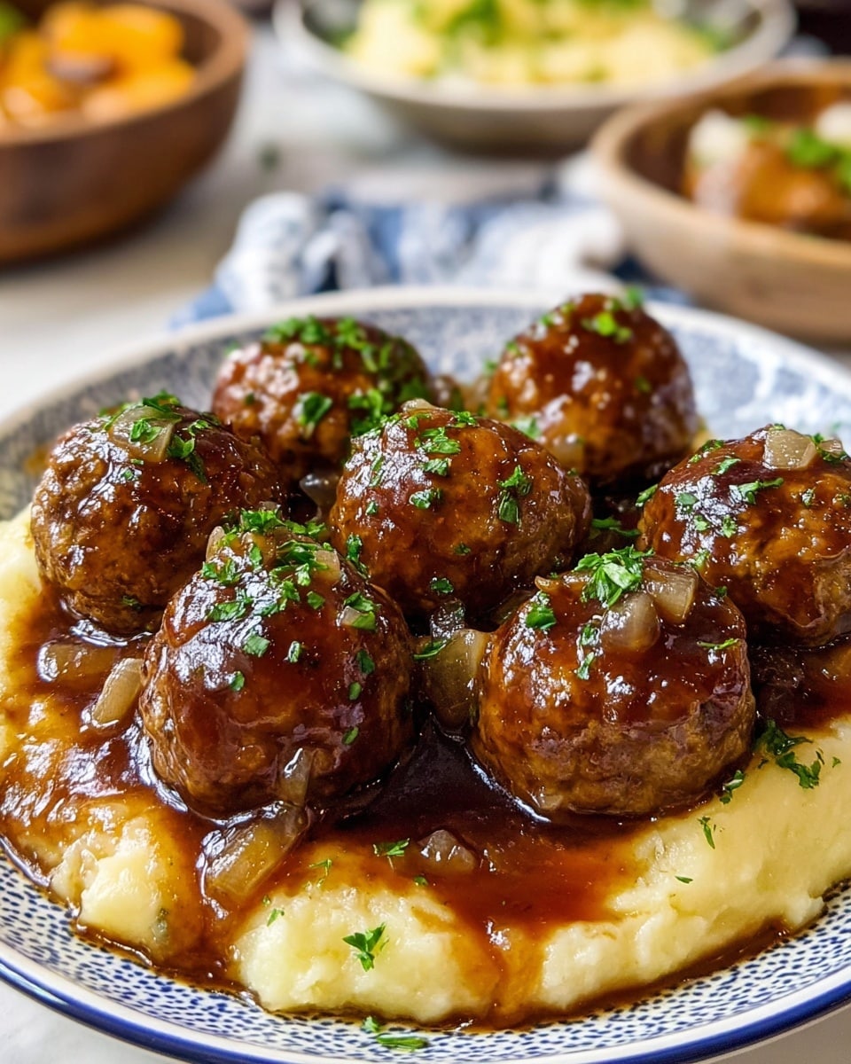 A close-up of seven round meatballs covered in rich, glossy brown sauce with small pieces of onion and sprinkled with chopped green herbs on top. The meatballs rest on a base layer of creamy, pale yellow mashed potatoes. The dish is served on a white plate with a blue patterned edge, placed on a white marbled surface. In the background, there are blurred bowls with other foods. photo taken with an iphone --ar 4:5 --v 7