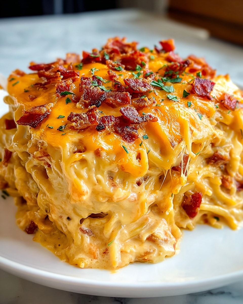 A close-up view of a creamy baked spaghetti dish served on a white plate over a white marbled texture, showing several layers of spaghetti noodles coated in thick, melted orange cheese sauce. The top layer is golden brown and crispy with small pieces of red bacon bits and green herbs scattered on top. The spaghetti strands are soft and slightly visible beneath the rich cheese, with a smooth, gooey texture dripping slightly off the edges, creating an inviting and cheesy look. photo taken with an iphone --ar 4:5 --v 7