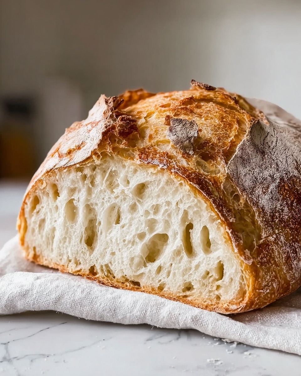 A close-up of a loaf of rustic bread cut in half, showing the thick, golden brown crust with a light dusting of flour and a rough, textured surface with deep folds on the top. The inside reveals a soft, airy crumb with a pale cream color and many irregular holes, giving a chewy and light feel. The loaf rests on a white cloth, over a white marbled textured surface, with a soft focus kitchen background. photo taken with an iphone --ar 4:5 --v 7