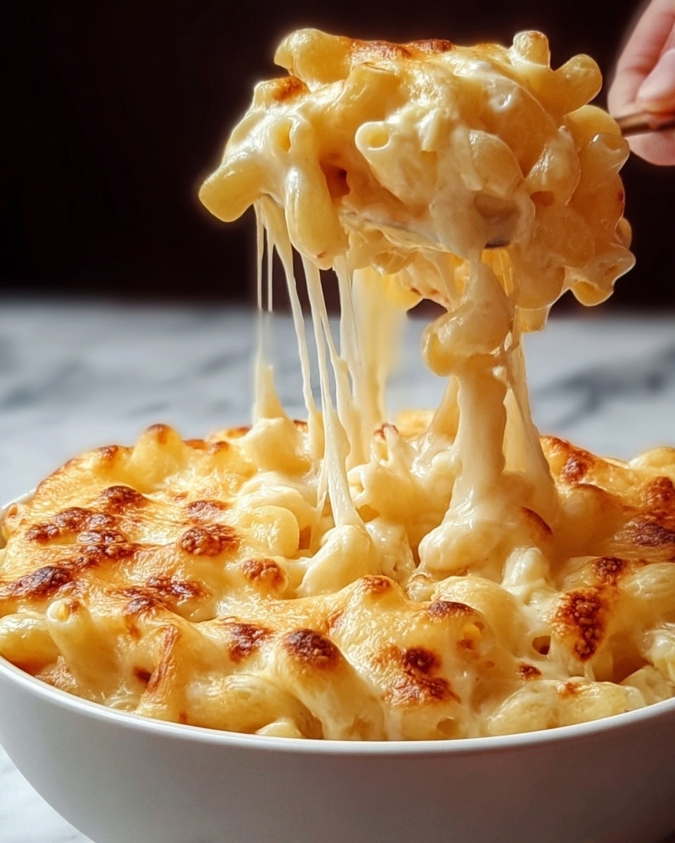 A white round bowl filled with creamy macaroni and cheese, showing a thick layer of melted golden cheese on top with small browned spots. A portion of the macaroni is being lifted by a woman's hand, stretching gooey, stringy cheese high above the bowl. The macaroni pasta underneath the cheese is pale yellow and soft, with the surface beneath the bowl a white marbled texture. photo taken with an iphone --ar 4:5 --v 7
