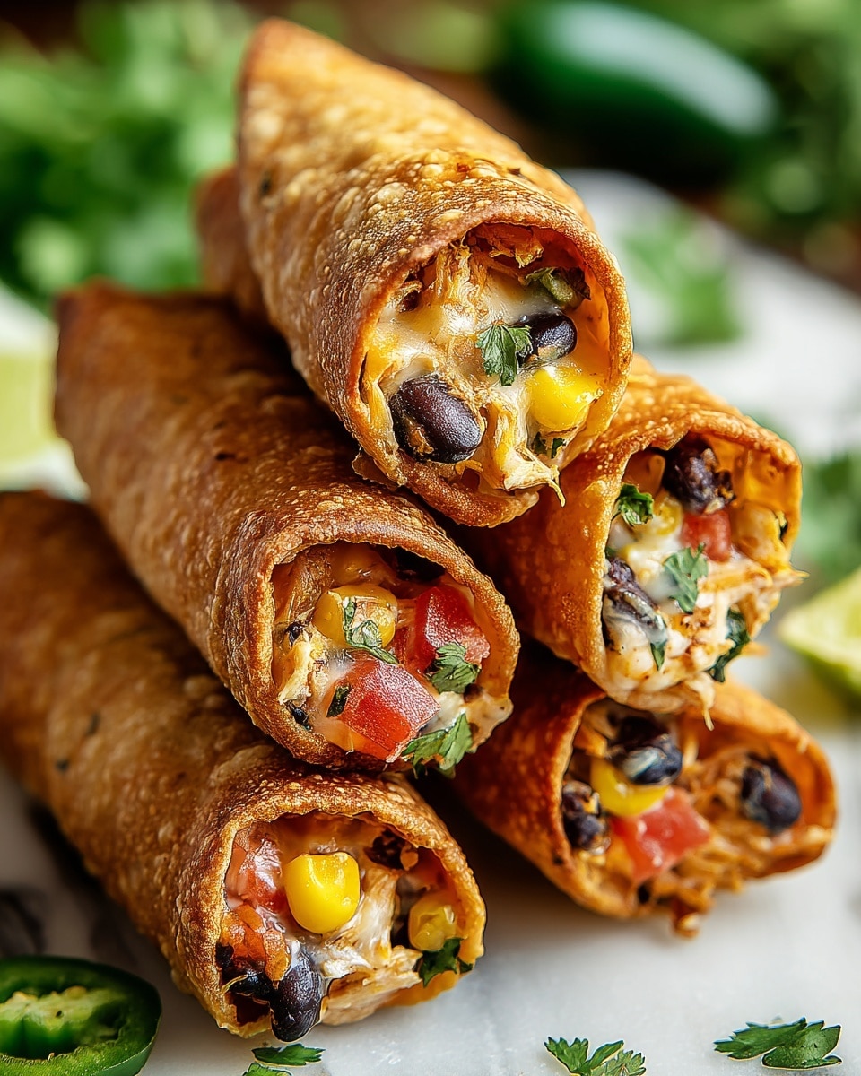 A close-up image shows four rolled crispy taquitos stacked in a pyramid shape on a white marbled surface. Each taquito has a golden-brown crunchy shell speckled with small bubbles. The cut ends reveal tightly packed layers of colorful filling: black beans, bright yellow corn kernels, small pieces of red tomato, chopped green herbs, and shredded white chicken mixed with melted cheese, creating a mix of textures and colors. In the blurred background, fresh green cilantro leaves and part of a sliced green jalapeño pepper add vibrant freshness. Photo taken with an iphone --ar 4:5 --v 7