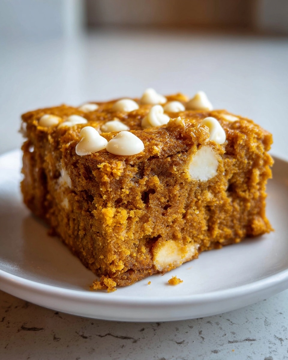 A close-up view of a single thick square piece of pumpkin cake with white chocolate chips on top and inside the cake. The cake has a moist, crumbly texture with a warm orange-brown color and scattered cream-colored white chocolate chips embedded all over. It sits alone on a smooth white plate placed on a white marbled surface, with soft natural light coming from the side illuminating the cake’s rough edges and glossy chocolate spots. photo taken with an iphone --ar 4:5 --v 7
