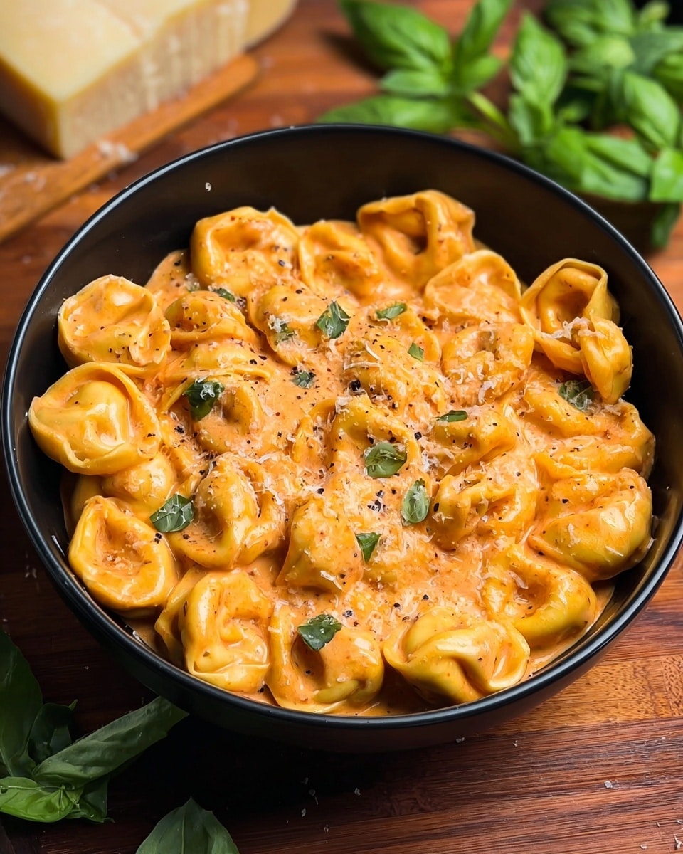 A black bowl filled with creamy tortellini pasta in an orange-colored sauce with small green basil leaf pieces scattered on top. The tortellini are plump and yellow, mixed evenly throughout the thick sauce. There is grated cheese sprinkled lightly over the pasta and sauce. The bowl sits on a wooden surface with some fresh green basil leaves and a block of cheese in the background. photo taken with an iphone --ar 4:5 --v 7