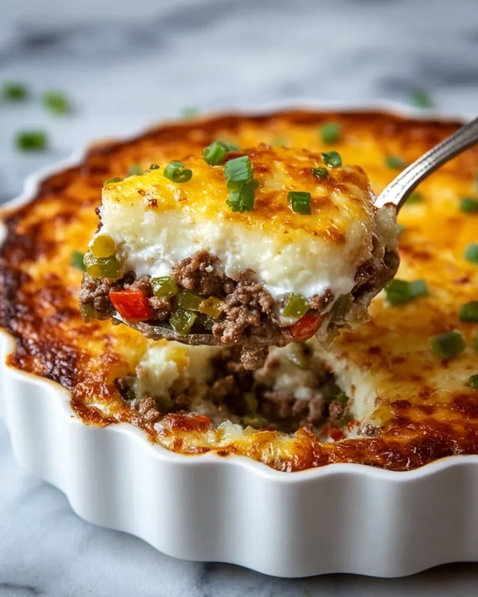 A white scalloped dish filled with a thick casserole showing three visible layers: the bottom layer is a mix of cooked ground meat and diced colorful vegetables, mostly green and red; the middle layer is creamy and white, blending partially with the meat layer; the top layer is a golden-brown melted cheese crust with some browned spots, garnished with small pieces of chopped green onion. A silver spoon is lifting a portion of the casserole, revealing the textures clearly against a white marbled background. photo taken with an iphone --ar 4:5 --v 7