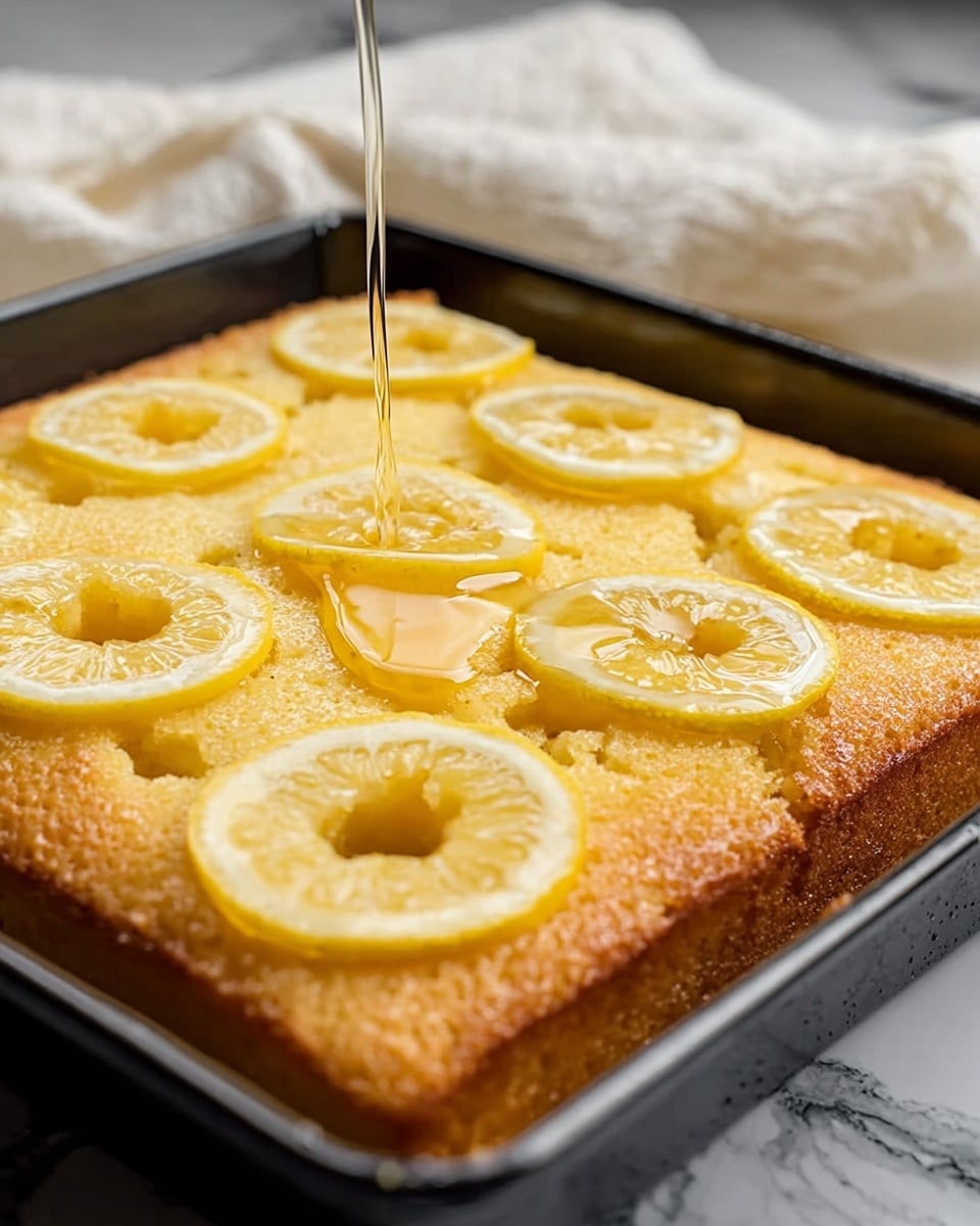 A close-up of a square lemon cake in a black baking tray, showing a golden-brown crust with a soft, moist inside. The cake has several small holes on top filled with a shiny, clear syrup being poured from above, adding a glossy layer. Thin, circular slices of lemon are spread evenly on the cake’s surface, bright yellow with visible seeds and a slightly translucent texture. The edges are slightly darker, showing a crispy finish. The tray is placed on a white marbled surface, and a white cloth is partly visible in the background. photo taken with an iphone --ar 4:5 --v 7