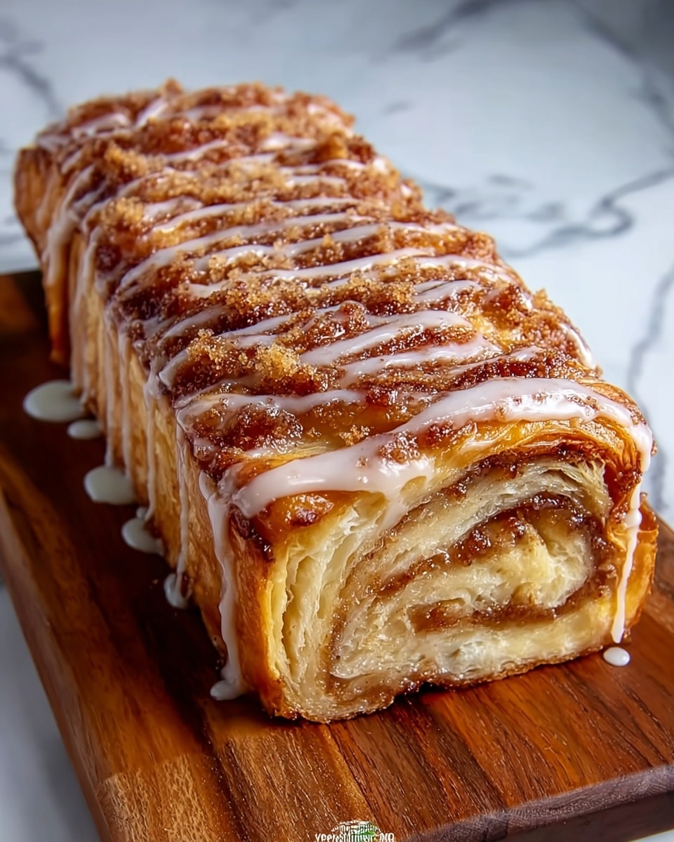 A golden brown pastry loaf is shown on a wooden board, with multiple visible layers of flaky dough surrounding a soft, cinnamon-colored filling. The top layer is crisp and sprinkled with a crumbly brown sugar topping that glistens with a shiny glaze. White icing is drizzled unevenly over the top, creating thin streams that pool slightly at the edges and drip down the sides. The edges of the pastry reveal tightly wrapped swirls of the dough and filling inside. The background has a white marbled texture. photo taken with an iphone --ar 4:5 --v 7