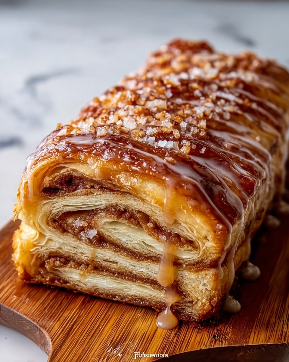 A close-up of a sliced pastry roll placed on a wooden board, showing multiple layers of golden-brown flaky crust on the outside, with a glossy, sugary glaze dripping down the sides. Inside, several soft layers of a cinnamon-spiced filling are visible, creating a rich, brown swirl pattern throughout. The top is sprinkled with crunchy sugar crystals and the glaze adds a shiny, sticky texture on the surface. The background features a white marbled texture. photo taken with an iphone --ar 4:5 --v 7