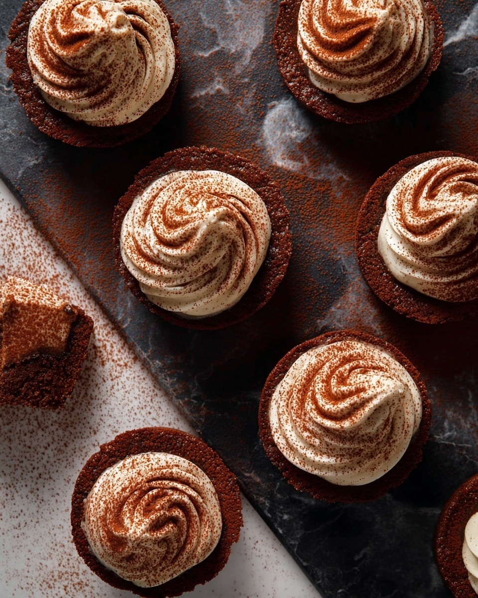 The image shows several round chocolate tarts placed on a split surface, half black and half white marbled texture. Each tart has two layers: a dark brown, firm chocolate crust on the bottom and a thick layer of light cream piped in a spiral on top, dusted with a fine layer of cocoa powder that creates a rich, reddish-brown contrast over the cream. The tarts are arranged closely together, and light highlights the texture and swirls of the cream. photo taken with an iphone --ar 4:5 --v 7
