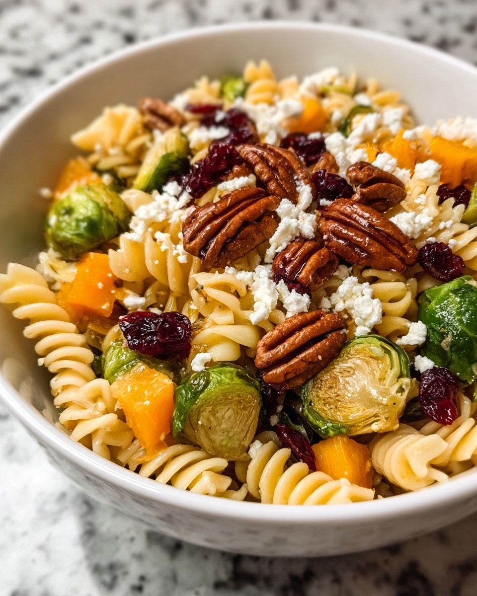 A close-up of a white bowl filled with a colorful pasta salad. The base layer is light yellow rotini pasta, mixed throughout with bright green roasted Brussels sprouts, and orange butternut squash cubes. On top, there are scattered whole pecans with a rich brown color, dark red dried cranberries, and crumbled white cheese. The textures vary from soft pasta to crunchy nuts and slightly crispy vegetables. The bowl sits on a surface with a white marbled texture. photo taken with an iphone --ar 4:5 --v 7
