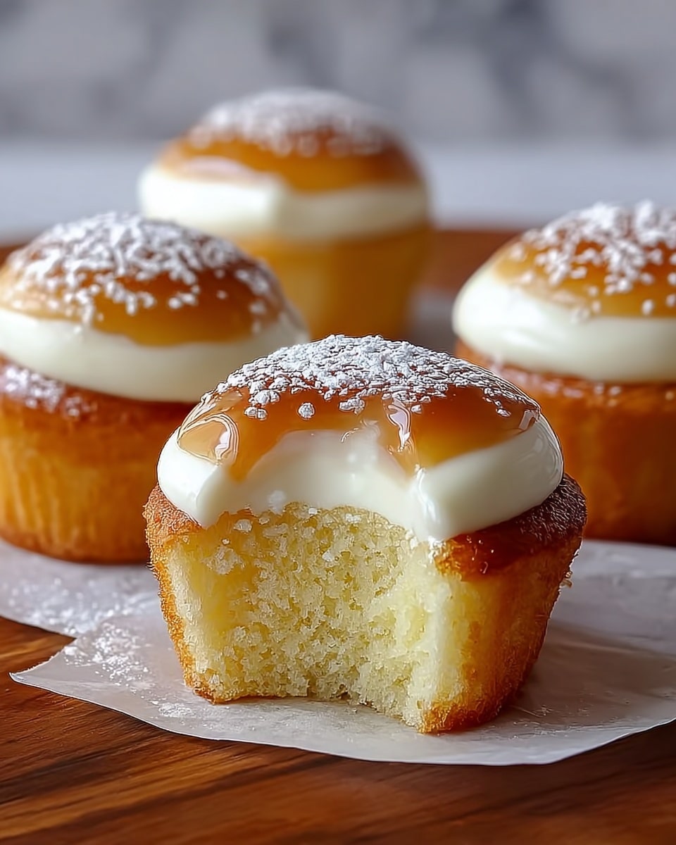The image shows four small cupcakes with three visible layers. The bottom layer is a light yellow sponge cake with a soft, crumbly texture. The middle layer is a smooth, thick white cream that forms a dome shape on top of the cake. The top layer is a shiny, caramel-colored glaze that partially covers the cream and has a glossy texture. There is a dusting of white powdered sugar sprinkled on top of the caramel glaze. The front cupcake has a bite taken out of it, revealing the inside layers clearly. The cupcakes sit on a piece of white parchment paper placed on a wooden surface with a white marbled texture background. Photo taken with an iphone --ar 4:5 --v 7