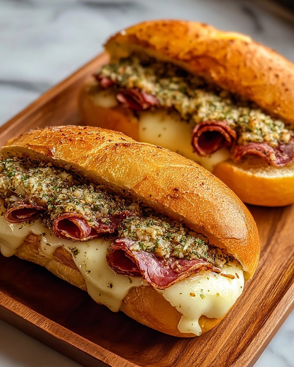 Two sandwiches rest on a wooden board, each made with a soft, golden-brown bun topped with a thick layer of chopped garlic and herbs. Inside each sandwich, the bottom layer shows slices of dark red, slightly crispy meat, followed by a thick, creamy layer of melted white cheese with a slightly browned surface. The cheese overlaps the meat and the edges of the bun, creating a smooth and gooey texture. The sandwiches are placed side by side on a wooden surface, with a white marbled texture background. photo taken with an iphone --ar 4:5 --v 7