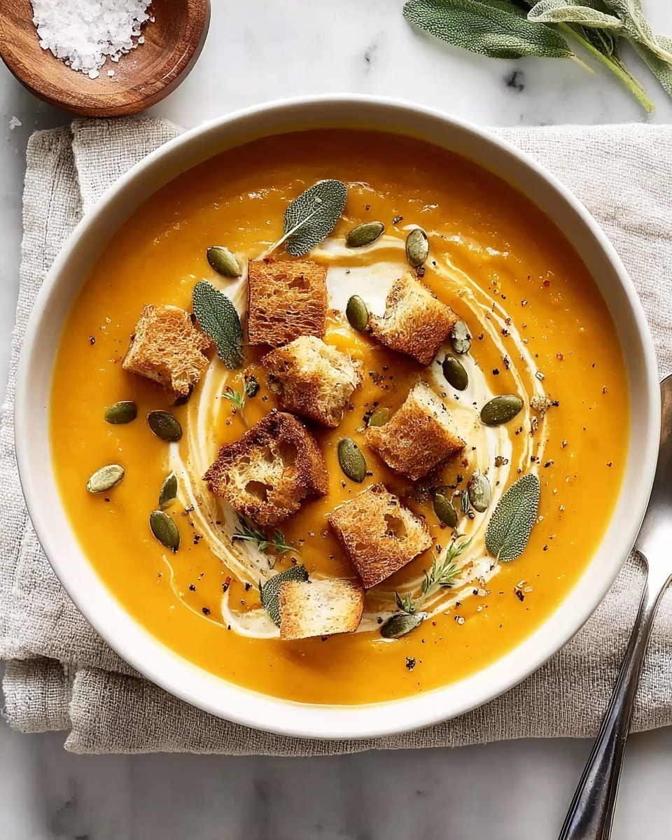 A white bowl filled with smooth, thick orange soup, topped with cream swirled in a light spiral pattern near the center. On top, there are toasted golden-brown croutons scattered across the surface, along with whole green pumpkin seeds and fresh green sage leaves placed evenly. The soup is sprinkled with cracked black pepper, adding specks of dark color. The bowl sits on a white marbled surface with a white cloth beneath, next to a silver spoon and a small wooden bowl of coarse salt. Photo taken with an iphone --ar 4:5 --v 7