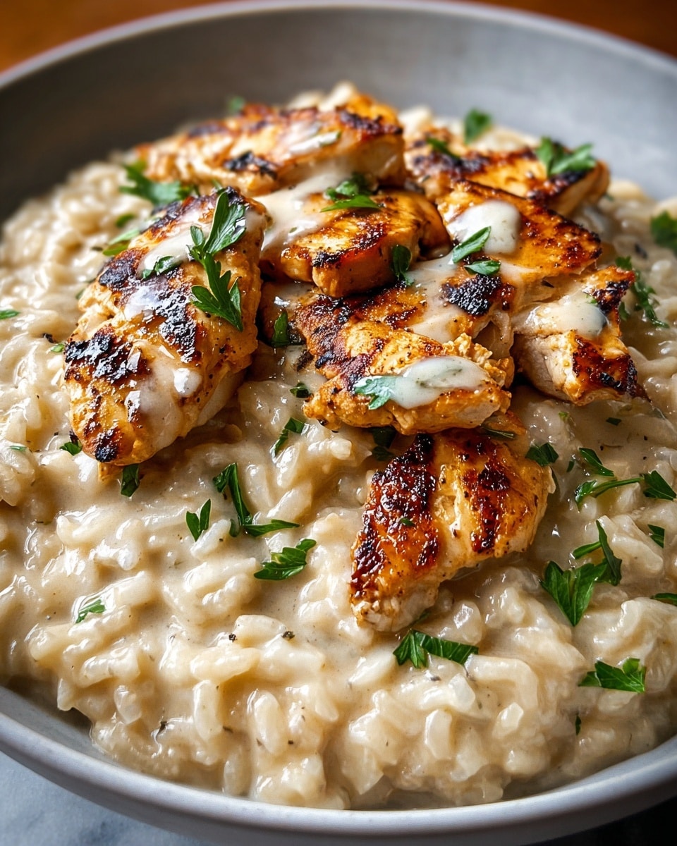 A close-up view of a creamy risotto layer at the bottom, light beige with a slightly glossy texture and visible individual grains of rice. On top, there are five pieces of grilled chicken with a golden-brown sear, showing slight charring and juicy texture. The chicken pieces are scattered evenly, covered in a light, creamy drizzle. Fresh green parsley leaves are sprinkled over both the chicken and risotto, adding a pop of color. The dish is served in a white bowl placed on a white marbled surface. Photo taken with an iphone --ar 4:5 --v 7
