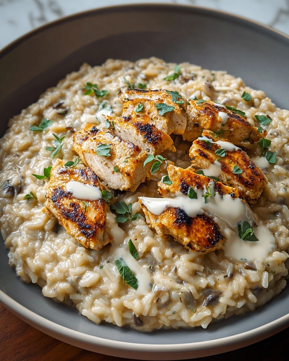 On a white plate, there is a thick layer of creamy risotto with visible small pieces of herbs and mushrooms, giving it a soft and chunky texture in pale beige color. On top of the risotto, four pieces of golden-brown grilled chicken are placed, showing a slightly crispy texture with char marks and some creamy white sauce drizzled over them. Small green herb leaves are sprinkled over both the chicken and risotto, adding a fresh touch to the dish. The plate sits on a white marbled surface. photo taken with an iphone --ar 4:5 --v 7