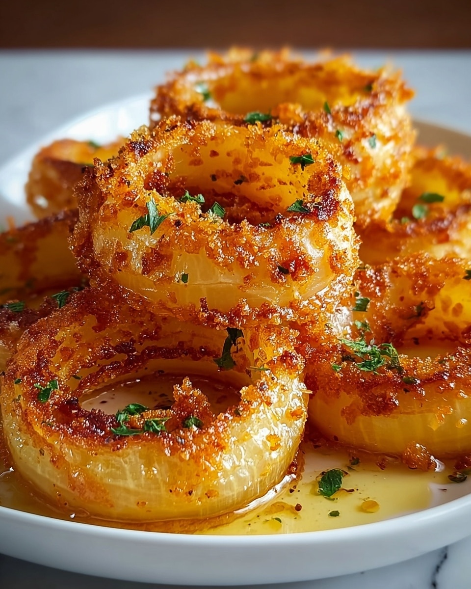 The image shows a close-up of crispy fried onion rings stacked neatly in a white shallow dish. Each onion ring has a golden brown, crunchy texture with small darker fried bits creating a rough surface. The rings are arranged in layers, with some rings overlapping others, and a light drizzle of oil or sauce pooling at the base. Small bits of green herbs are sprinkled evenly over the rings, adding a fresh color contrast. The background is a white marbled texture that highlights the warm tones of the fried onions. Photo taken with an iphone --ar 4:5 --v 7