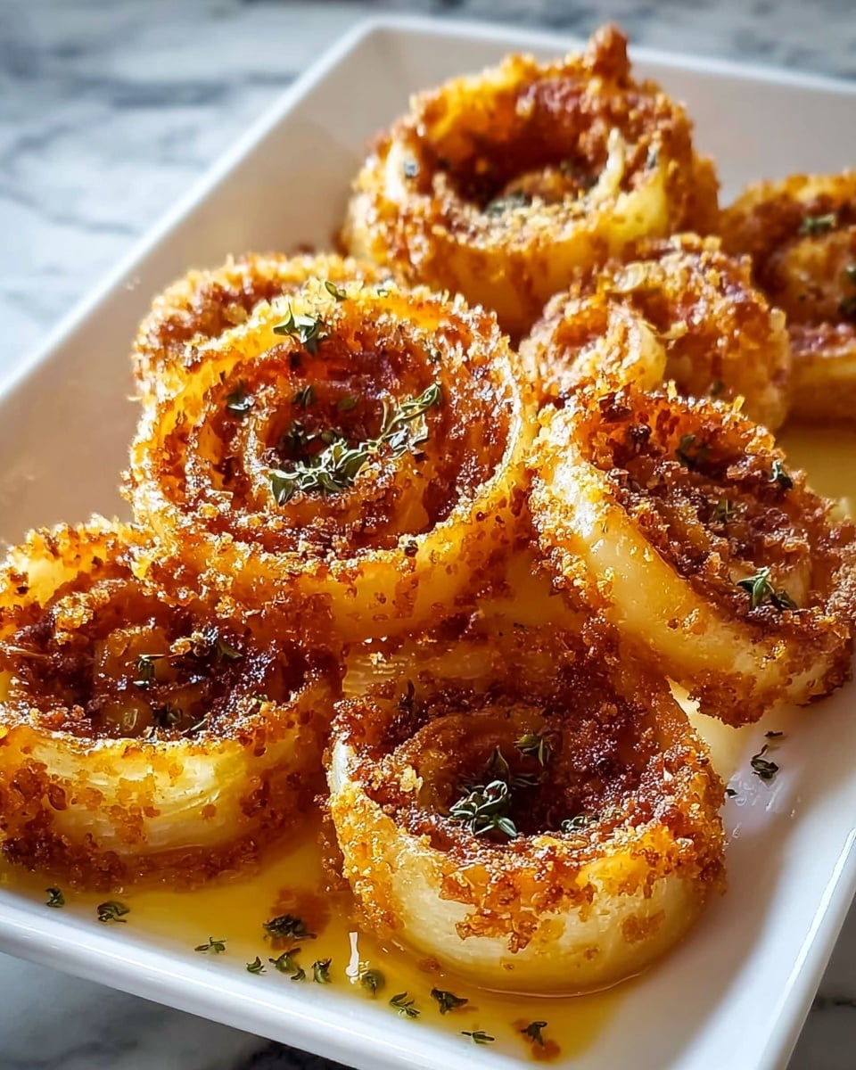 A white square plate holds eight golden brown onion rings arranged in close rows, each ring showing layers of slightly translucent onion with a crunchy, browned outer coating that is textured with small crispy bits. The rings are sprinkled with small green herb leaves, and a glossy, golden oil pools slightly around the base of each ring, adding shine and richness. The background is a white marbled texture which makes the warm colors of the onion rings stand out. photo taken with an iphone --ar 4:5 --v 7