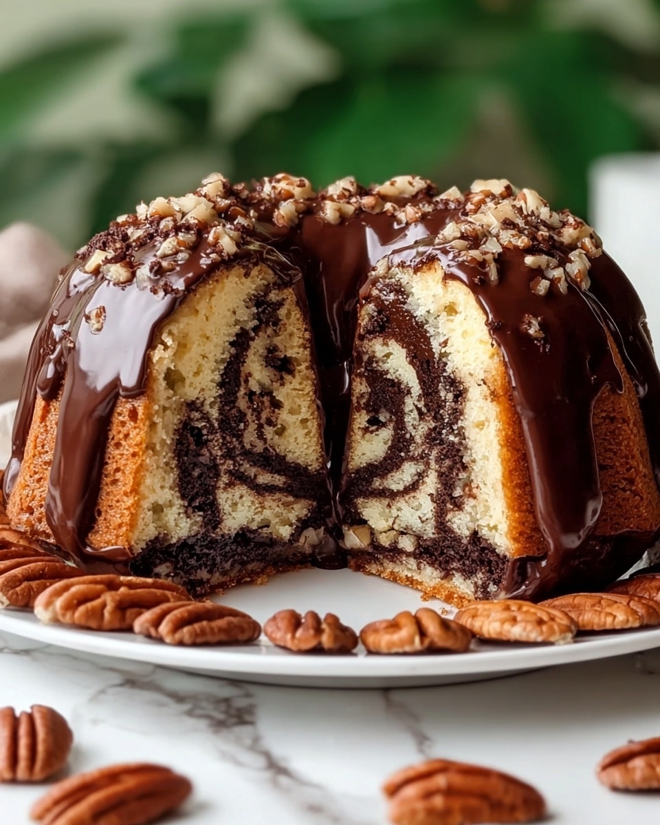 The image shows a round marble cake cut in half on a white plate, revealing its inside layers of light vanilla and dark chocolate swirled cake with pieces of pecans mixed throughout. The cake is covered with a shiny, thick chocolate glaze that drips down the sides, pooling slightly at the base. Around the plate, there are whole pecans placed in a circle, adding texture and color contrast with their smooth brown shells. The background features a soft, blurry green environment, and the cake sits on a white marbled surface. photo taken with an iphone --ar 4:5 --v 7