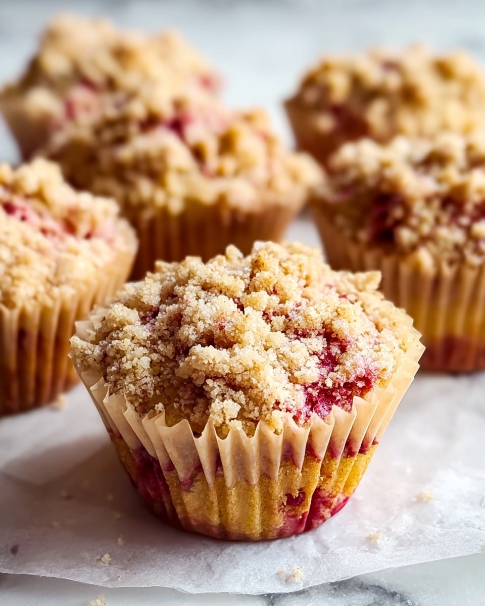 The image shows several muffins inside light brown parchment paper liners placed on a white marbled surface. Each muffin has two visible layers: a bottom layer of golden, moist cake mixed with red fruit bits, and a thick top layer of crumbly streusel in light beige and pink tones, giving a textured look. The muffins are arranged with one in clear focus at the front and others slightly blurred in the background, emphasizing the crumb topping and fruit pieces. Photo taken with an iphone --ar 4:5 --v 7