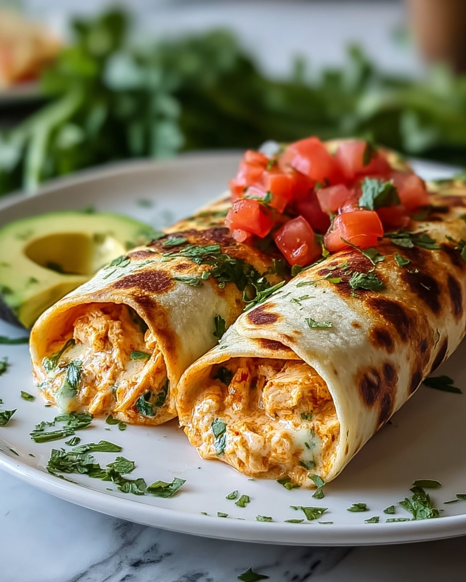 Two rolled tortillas are placed side by side on a white plate on a white marbled surface. Each tortilla is golden brown and slightly toasted on the outside with a few darker spots. Inside, the fillings include chunks of creamy orange-colored chicken mixed with green leafy herbs, visible through the open ends. One tortilla is topped with small diced bright red tomatoes and sprinkled with fresh green chopped herbs, which are also scattered around the plate. A halved green avocado rests near the edge of the plate, adding a fresh touch. In the background, blurred green leafy herbs complete the scene. Photo taken with an iphone --ar 4:5 --v 7
