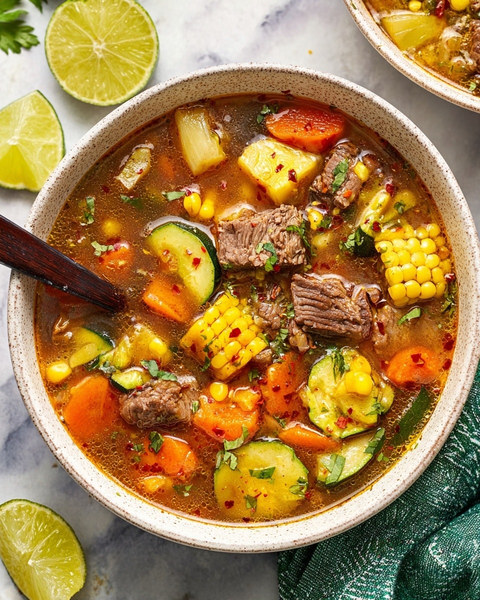 A white bowl is filled with a colorful beef and vegetable soup. The dish has multiple layers: bright yellow corn pieces cut into rounds, chunks of orange carrots, green zucchini pieces, and large chunks of tender brown beef. Light green lime wedges and fresh green cilantro leaves are spread on top. The soup broth is rich and warm brown, slightly oily, with red pepper flakes sprinkled throughout. A dark brown wooden spoon sticks into the bowl on the left side. The bowl sits on a white marbled surface with lime wedges and a green cloth nearby. Photo taken with an iphone --ar 4:5 --v 7