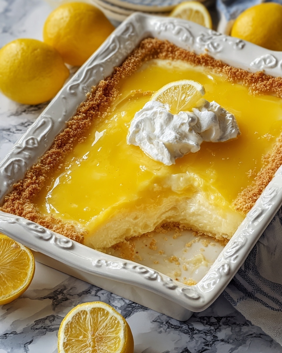 The image shows a lemon dessert in a white rectangular dish with decorative edges. The dessert has three visible layers: a thick, crumbly golden brown crust around the edges, a pale yellow creamy middle layer, and a glossy bright yellow lemon topping spread evenly on top. A dollop of white whipped cream sits near the center. A portion of the dessert is missing, revealing the layered texture clearly. The dish is placed on a white marbled surface with whole lemons and a half lemon nearby, adding vibrant yellow color to the scene. Photo taken with an iphone --ar 4:5 --v 7