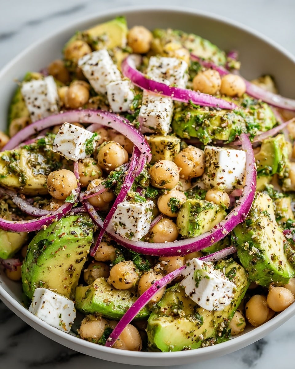 This dish is a colorful salad served in a white bowl on a white marbled surface. It has large chunks of green avocado mixed with round light beige chickpeas. Scattered throughout are small white cubes of feta cheese with a crumbly texture. Thin slices of bright purple onion are layered on top, adding contrast. The salad is sprinkled with green herbs and black pepper seasoning, giving it a fresh, slightly coarse texture. The ingredients appear lightly coated in a green herb dressing, making the salad look juicy and flavorful. photo taken with an iphone --ar 4:5 --v 7