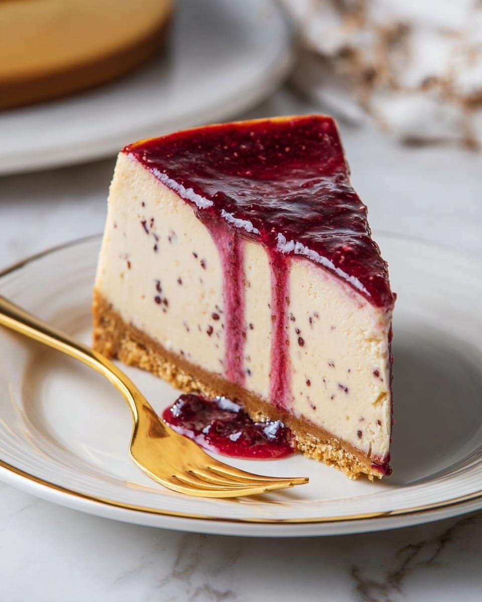 A slice of cheesecake on a white plate with a thin gold rim, showing three visible layers: the bottom crust is brown and crumbly, the thick middle layer is creamy beige with small dark specks, and the top layer is a shiny, deep red fruit glaze that drips down the side, pooling slightly on the plate. A gold fork rests beside the slice, and the scene is set on a white marbled surface. Photo taken with an iphone --ar 4:5 --v 7