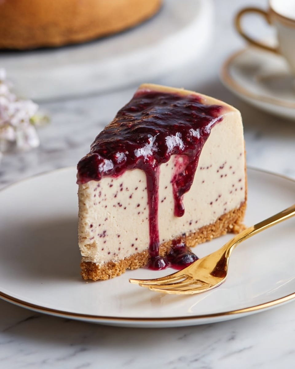 A slice of cheesecake with three clear layers sits on a white plate with a thin gold line on the edge. The bottom layer is a thin, crumbly light brown crust. The middle layer is thick, creamy, and pale beige with small dark specks mixed in. The top layer is a shiny, dark red fruit sauce that drips down the side and pools slightly on the plate. Next to the cake slice is a gold fork resting on the plate. The background shows a white marbled texture with a blurred white cup and saucer in the corner. Photo taken with an iphone --ar 4:5 --v 7